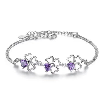 Silver Purple crystal Lucky Clover Bracelet