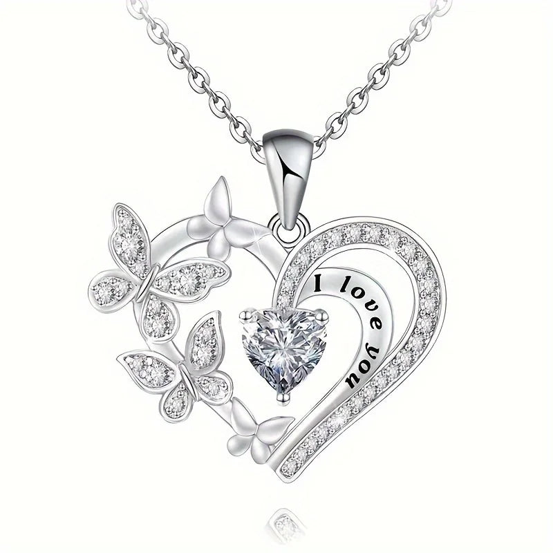 Heart Butterfly Rhinestone Necklace