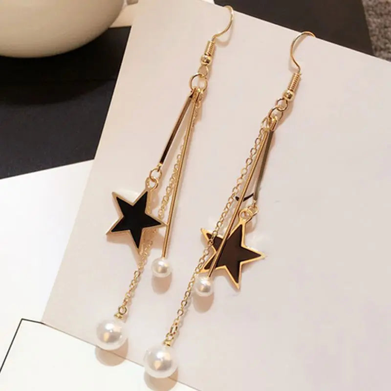 Pearl Star Long Tassel Earrings