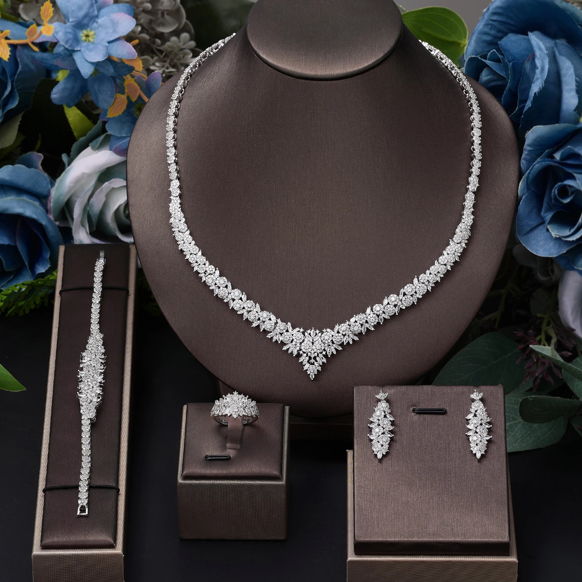 luxury CZ crystal wedding necklace set