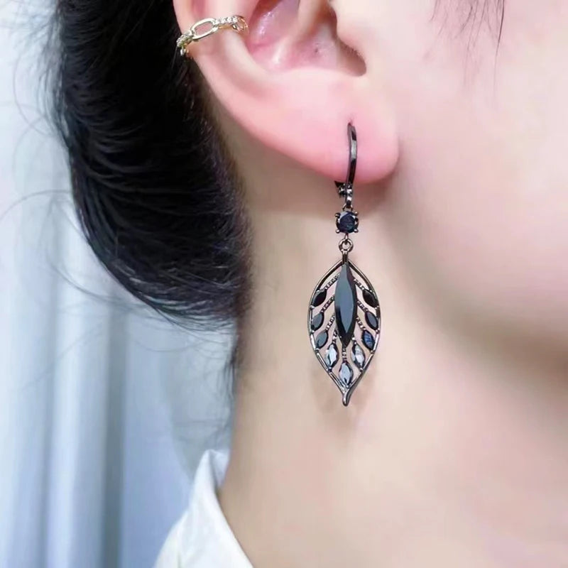 Crystal Black Leaf Pendant Earrings