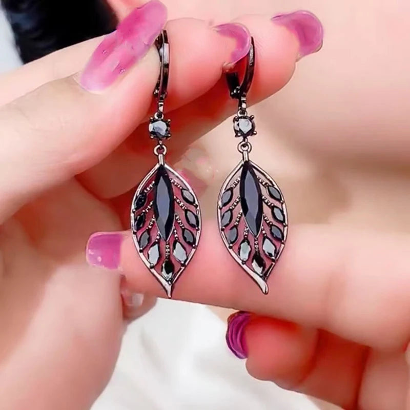 Crystal Black Leaf Pendant Earrings