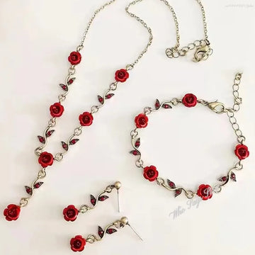 Red Rose Flower Necklace Bracelet Set