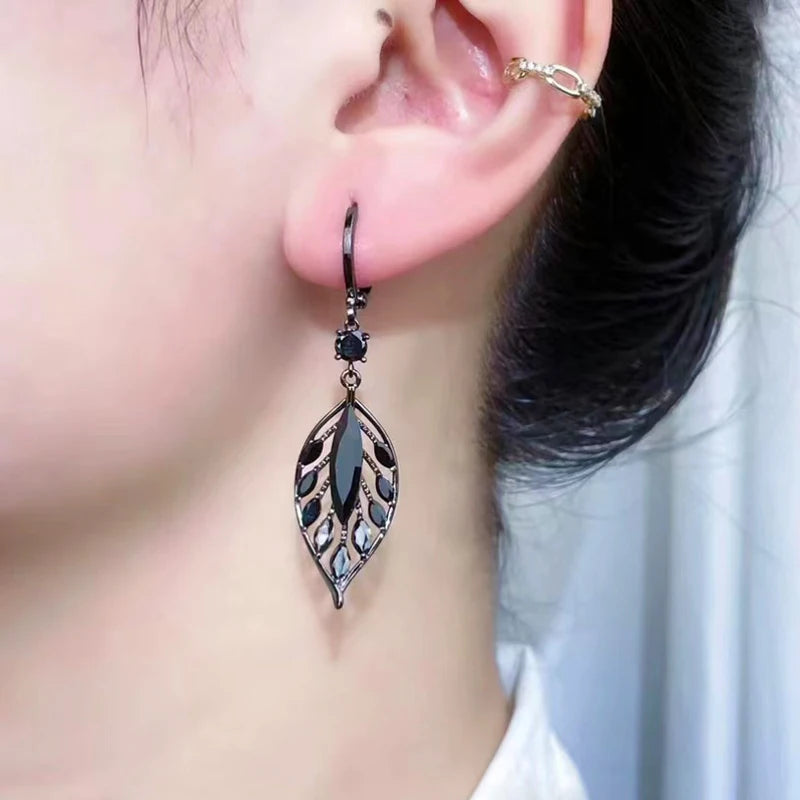 Crystal Black Leaf Pendant Earrings